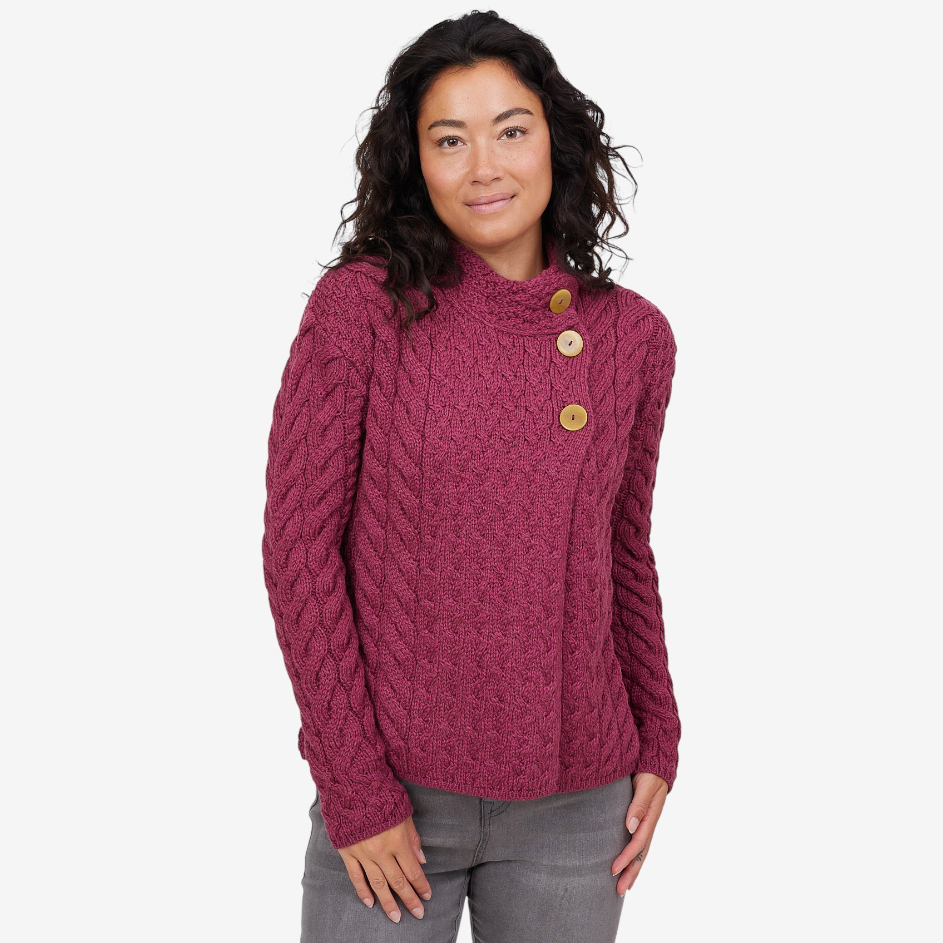 Aran Woollen Mills Asymmetrical Multi-Cable Cardigan with Buttons