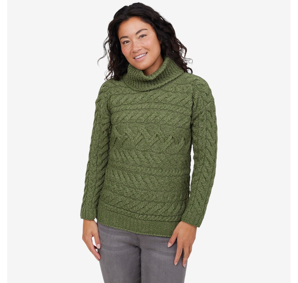 Image 101904_MEDGN.jpg, Product 101-904 / Price $149.99, Aran Woollen Mills Horizontal Cable Pattern Cowl Neck Sweater from Aran Woollen Mills on TSC.ca's Fashion department