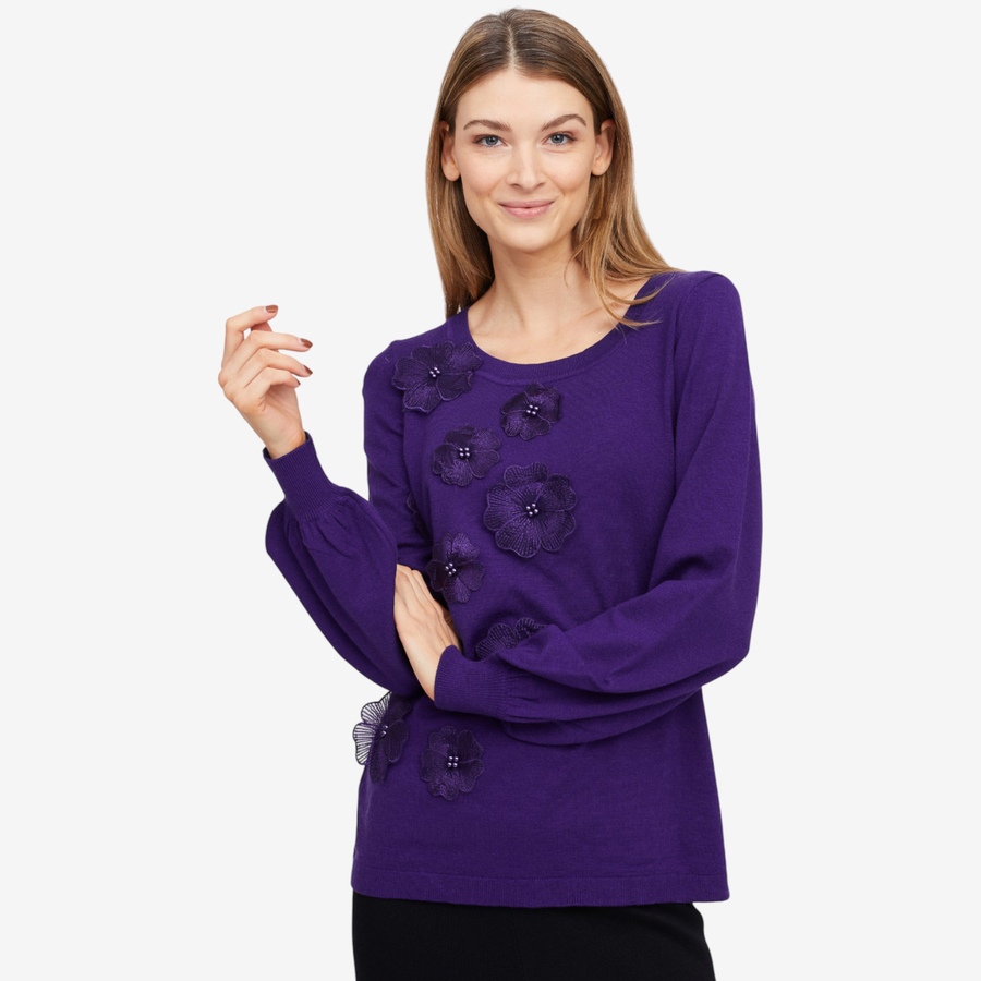 Image 101993_ALTMORE5.jpg, Product 101-993 / Price $34.88, Nina Leonard Balloon Sleeve Sweater with 3D Floral Design from Nina Leonard on TSC.ca's Fashion department