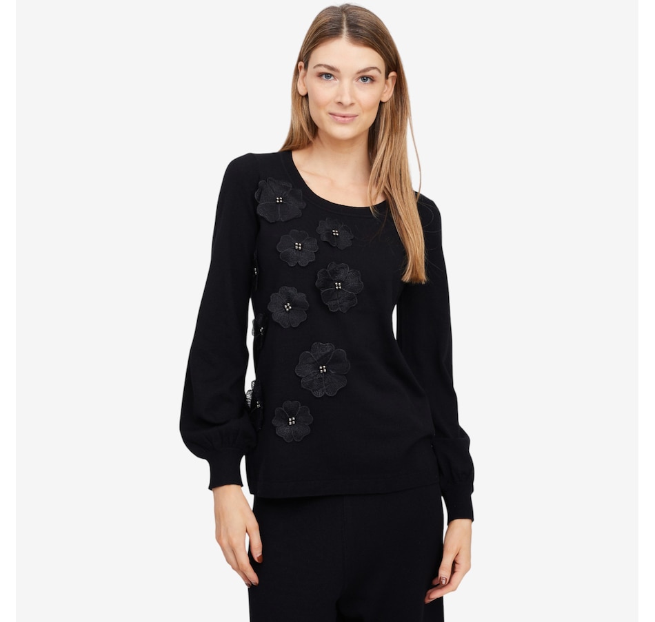 Image 101993_BLK.jpg, Product 101-993 / Price $34.88, Nina Leonard Balloon Sleeve Sweater with 3D Floral Design from Nina Leonard on TSC.ca's Fashion department