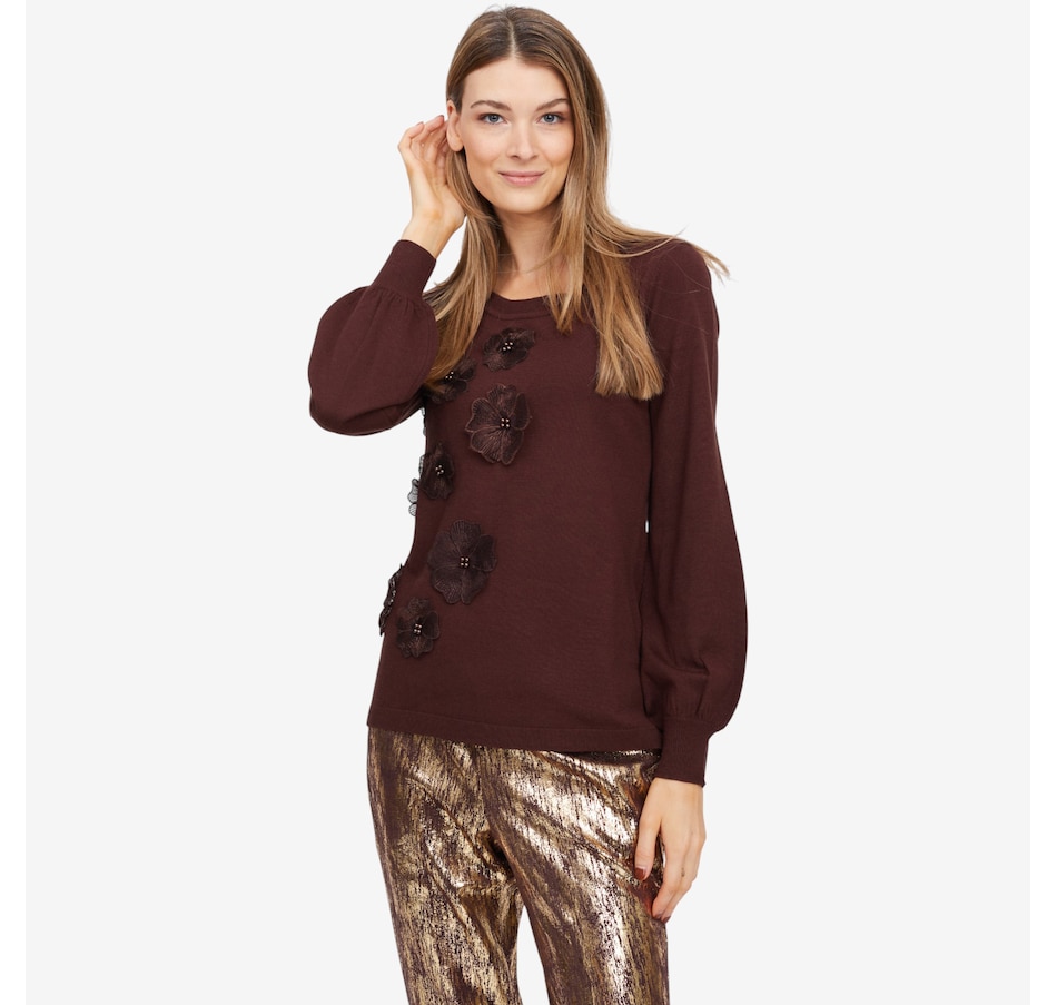 Image 101993_CHO.jpg, Product 101-993 / Price $34.88, Nina Leonard Balloon Sleeve Sweater with 3D Floral Design from Nina Leonard on TSC.ca's Fashion department