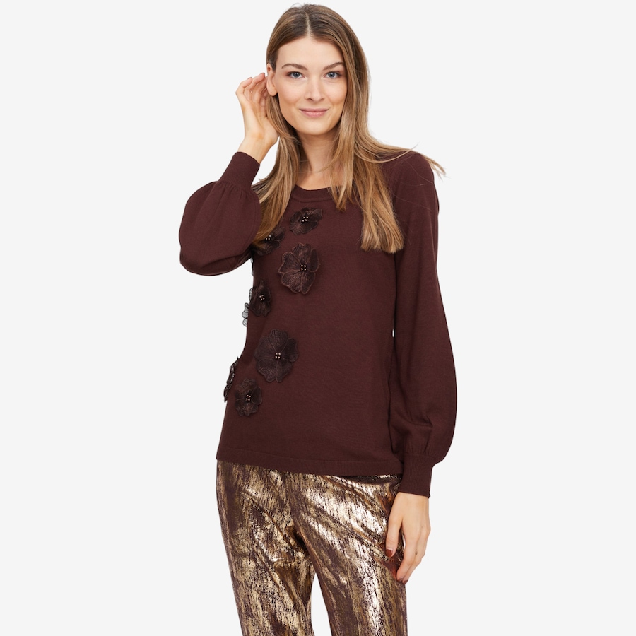Image 101993_CHO.jpg, Product 101-993 / Price $34.88, Nina Leonard Balloon Sleeve Sweater with 3D Floral Design from Nina Leonard on TSC.ca's Fashion department