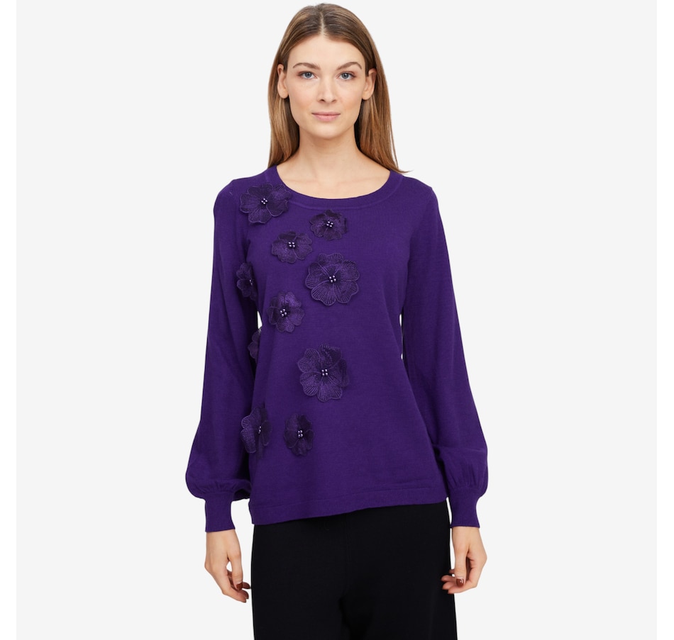 Image 101993_VIOIO.jpg, Product 101-993 / Price $34.88, Nina Leonard Balloon Sleeve Sweater with 3D Floral Design from Nina Leonard on TSC.ca's Fashion department