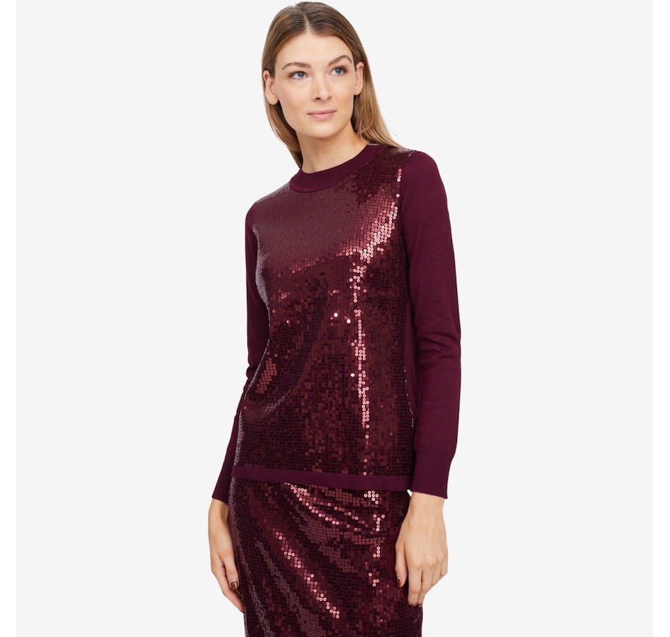 Image 101995_DWINE.jpg, Product 101-995 / Price $79.99, Nina Leonard Mock Neck Sweater with Sequin Overlay from Nina Leonard on TSC.ca's Fashion department