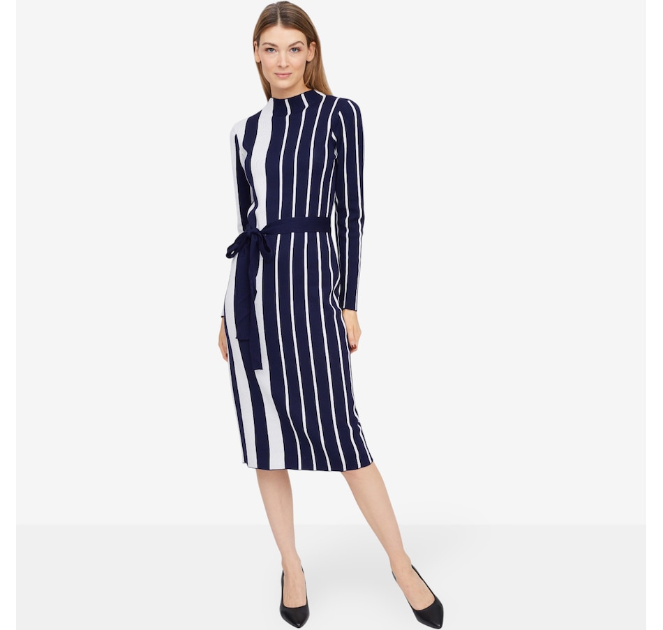Image 102001_NYM.jpg, Product 102-001 / Price $89.99, Nina Leonard Mixed Stripe Jacquard Sweater Dress from Nina Leonard on TSC.ca's Fashion department