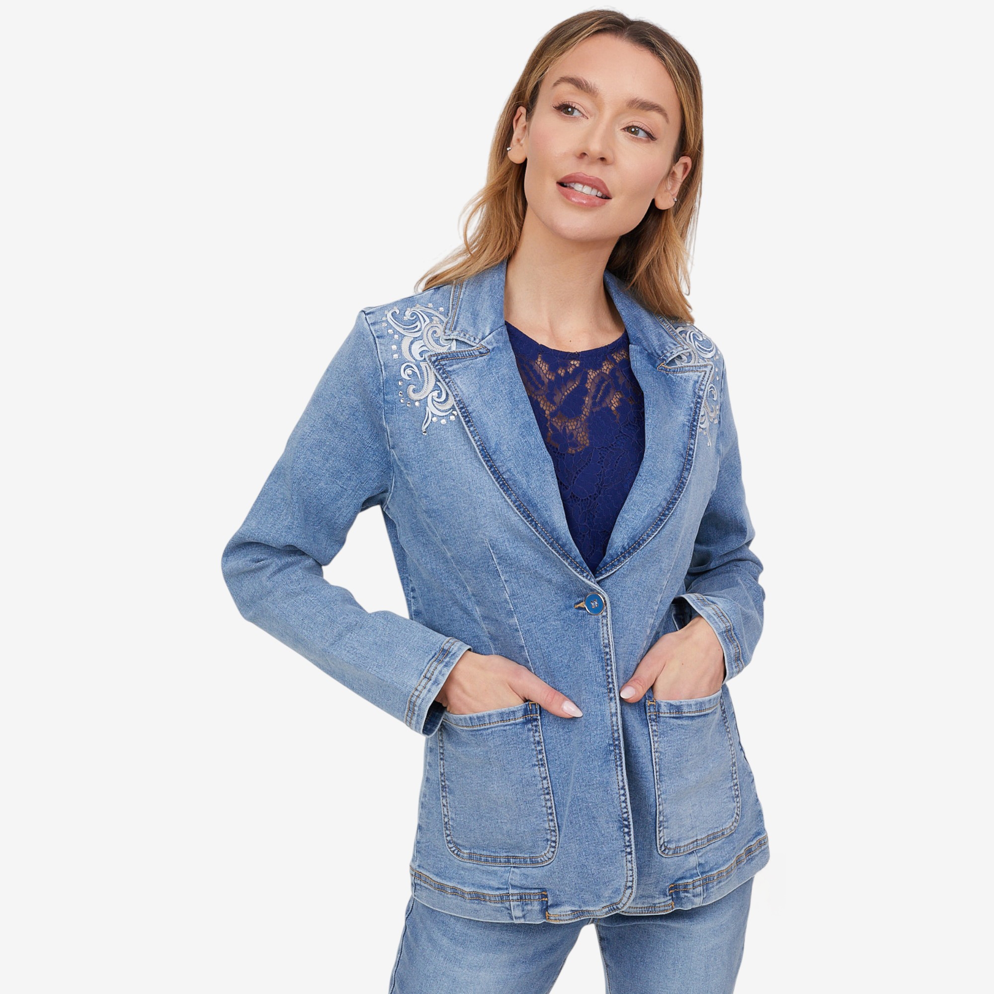 Diane Gilman Embellished New Classic Stretch Denim Blazer - TSC.ca