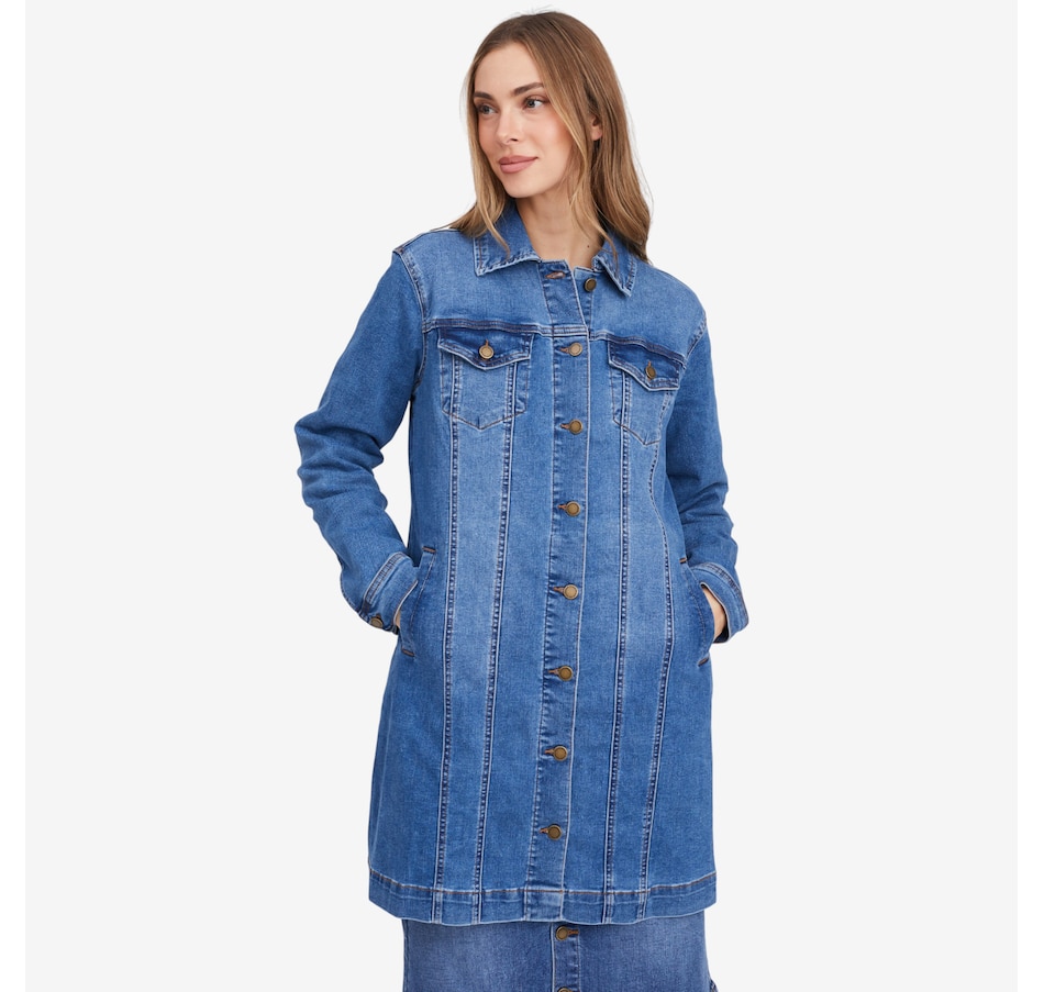 Image 102053_MDTNE.jpg, Product 102-053 / Price $149.90, Diane Gilman New Classic Stretch Longline Denim Car Coat from DG2 by Diane Gilman on TSC.ca's Fashion department