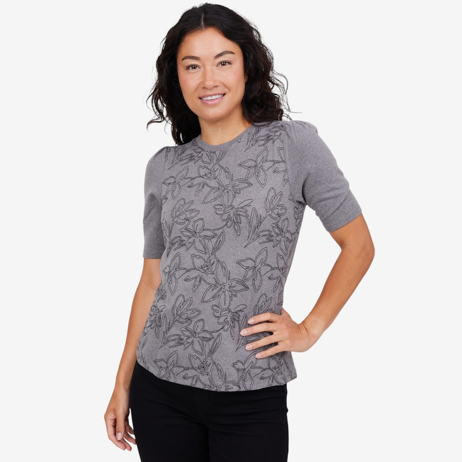 Image 102057_GRY.jpg, Product 102-057 / Price $29.33, Diane Gilman Embroidered Puff Sleeve Top from DG2 by Diane Gilman on TSC.ca's Fashion department