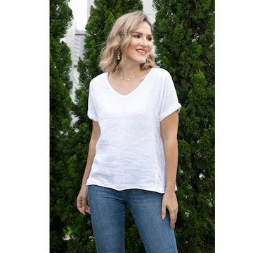 Product 102-062 / Price $54.99 , Orange Fashion Village Cold Wash Linen T-Shirt