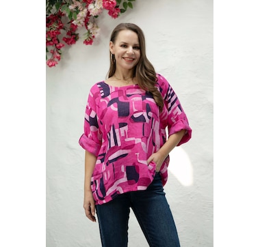 Product 102-063 / Price $54.99 , Orange Fashion Village Abstract Short Sleeve Top