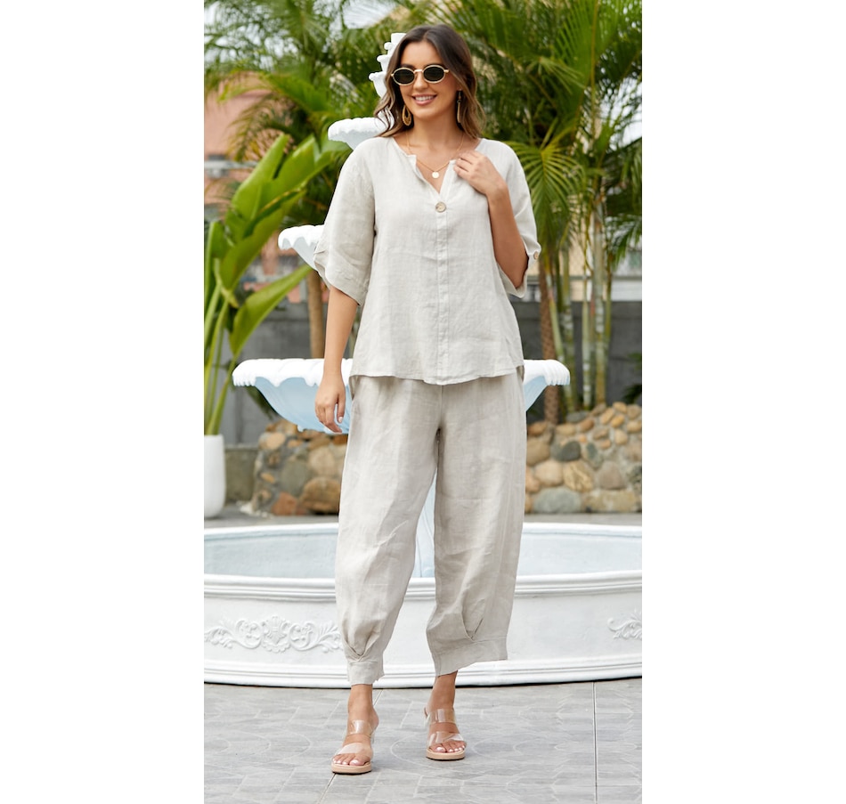 Image 102069_ALTMORE4.jpg, Product 102-069 / Price $29.33, Orange Fashion Village Wood Button Sleeve Detail Linen Top from Orange Fashion Village on TSC.ca's Fashion department