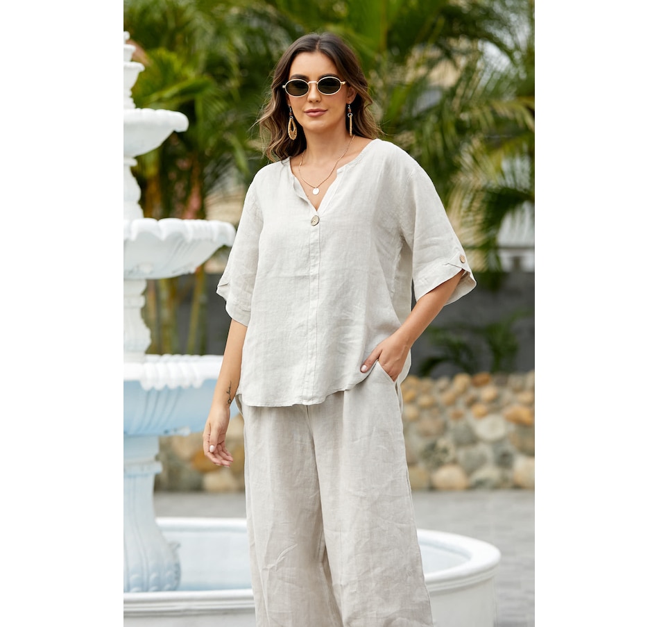 Image 102069_BGE.jpg, Product 102-069 / Price $29.33, Orange Fashion Village Wood Button Sleeve Detail Linen Top from Orange Fashion Village on TSC.ca's Fashion department