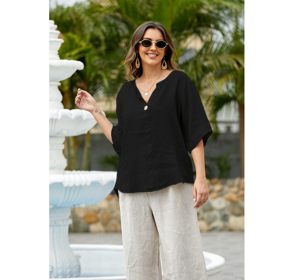 Image 102069_BLK.jpg, Product 102-069 / Price $29.33, Orange Fashion Village Wood Button Sleeve Detail Linen Top from Orange Fashion Village on TSC.ca's Fashion department