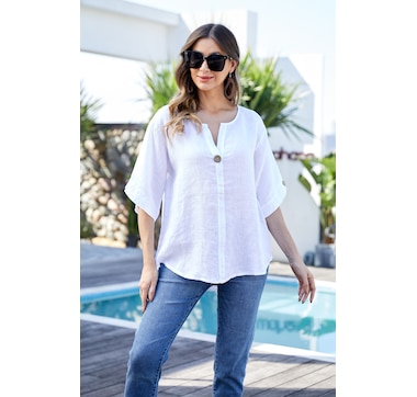 Product 102-069 / Price $79.99 , Orange Fashion Village Wood Button Sleeve Detail Linen Top