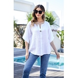 Orange Fashion Village Wood Button Sleeve Detail Linen Top