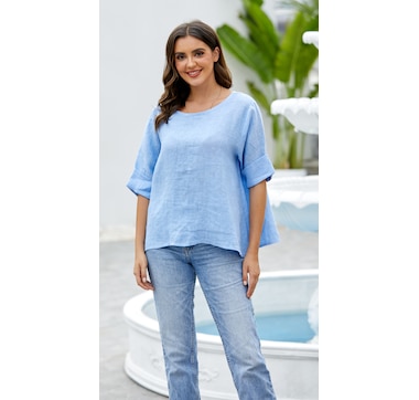 Product 102-071 / Price $79.99 , Orange Fashion Village Mea's Linen Breeze Button Back Top