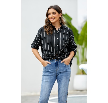 Product 102-119 / Price $64.99 , Orange Fashion Village Cotton Striped Shirt Long Sleeve Top 