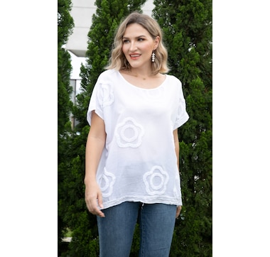 Product 102-120 / Price $59.99 , Orange Fashion Village Short Sleeve T-Shirt with Flower Detail and Sequin Trim