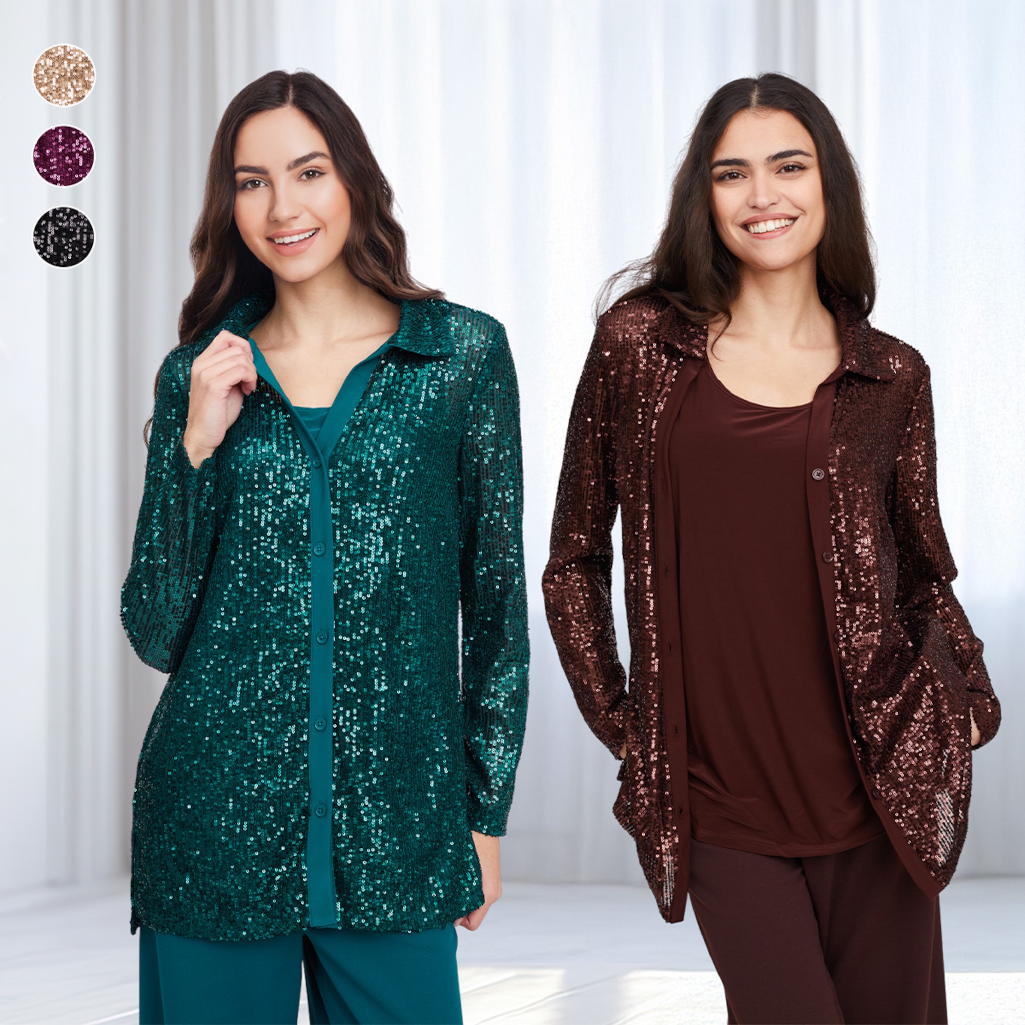 Nina Leonard Sequin Mesh Button Front Shirt and Tank (2 piece set) - TSC.ca