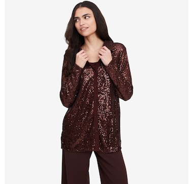 Nina Leonard Sequin Mesh Button Front Shirt and Tank (2 piece set)