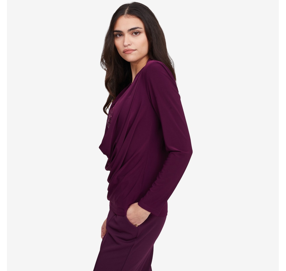 Image 102131_ALTMORE1.jpg, Product 102-131 / Price $54.88, Nina Leonard Drape Neck Top with inset Sequin from Nina Leonard on TSC.ca's Fashion department