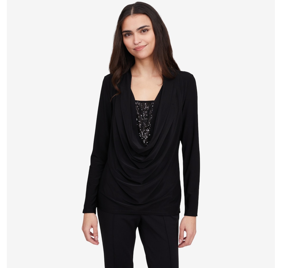 Image 102131_BLK.jpg, Product 102-131 / Price $54.88, Nina Leonard Drape Neck Top with inset Sequin from Nina Leonard on TSC.ca's Fashion department