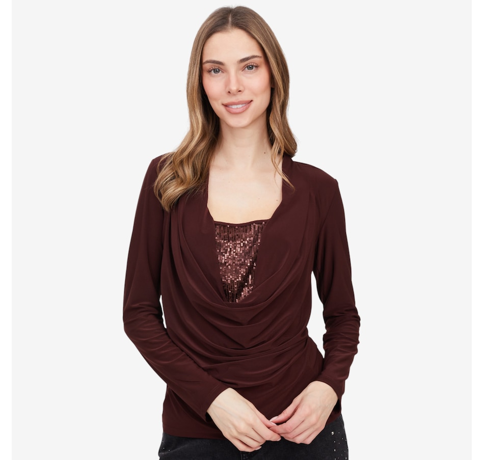 Image 102131_CHO.jpg, Product 102-131 / Price $54.88, Nina Leonard Drape Neck Top with inset Sequin from Nina Leonard on TSC.ca's Fashion department