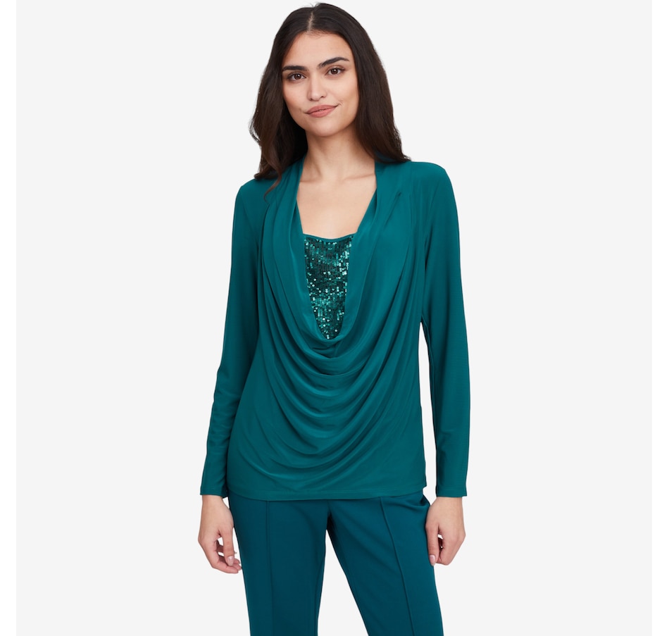Image 102131_RADTL.jpg, Product 102-131 / Price $54.88, Nina Leonard Drape Neck Top with inset Sequin from Nina Leonard on TSC.ca's Fashion department