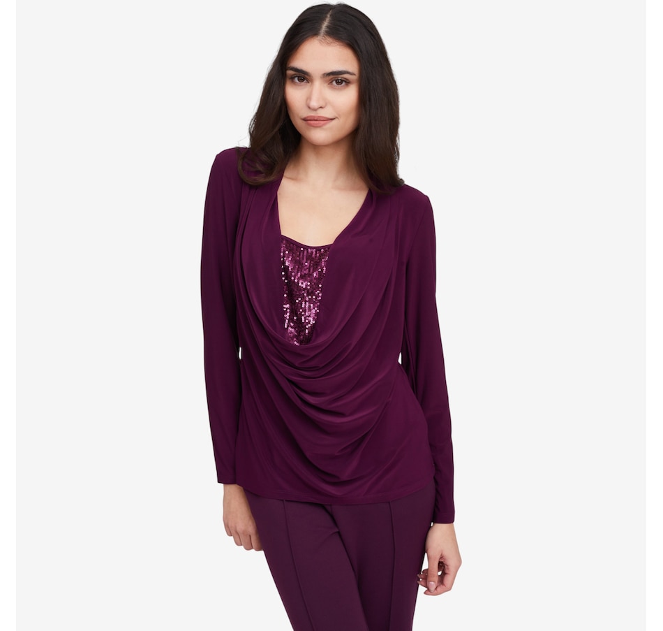 Image 102131_RSN.jpg, Product 102-131 / Price $54.88, Nina Leonard Drape Neck Top with inset Sequin from Nina Leonard on TSC.ca's Fashion department