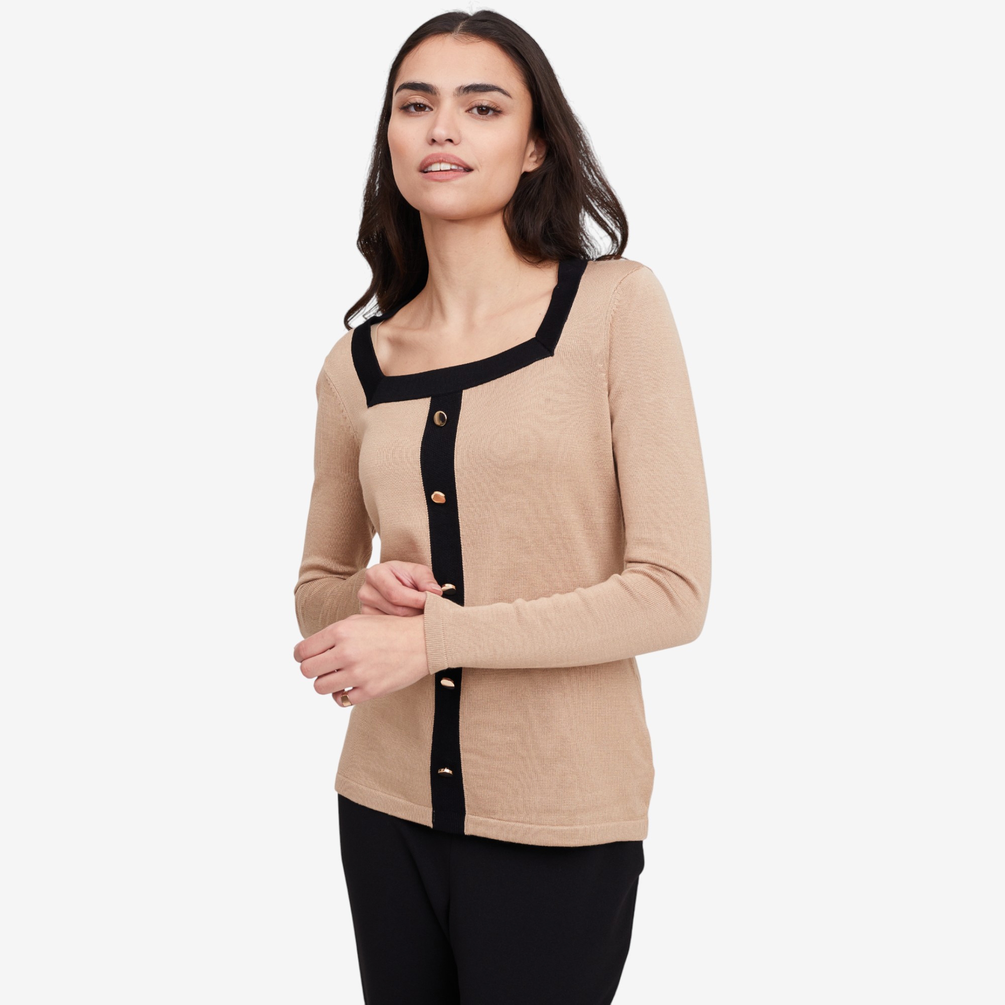 Nina Leonard Square Neck Button Front Colourblock Sweater - TSC.ca