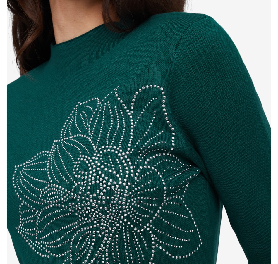 Image 102138_ALTMORE1.jpg, Product 102-138 / Price $59.99, Nina Leonard Mock Neck Sweater with Rhinestone Flower Detail from Nina Leonard on TSC.ca's Fashion department