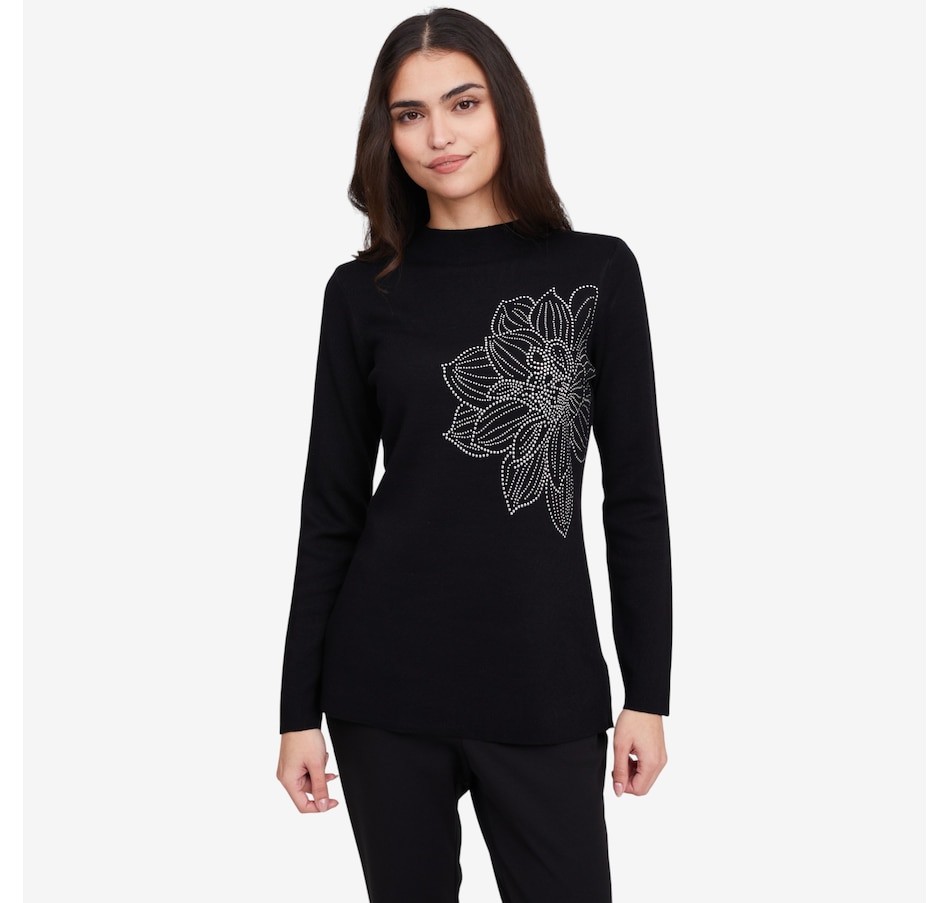 Image 102138_BLK.jpg, Product 102-138 / Price $59.99, Nina Leonard Mock Neck Sweater with Rhinestone Flower Detail from Nina Leonard on TSC.ca's Fashion department