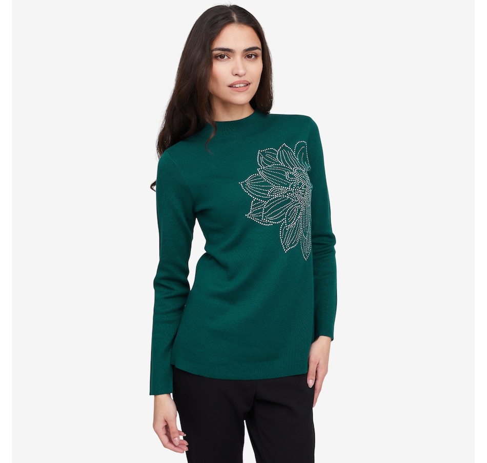 Image 102138_EMR.jpg, Product 102-138 / Price $59.99, Nina Leonard Mock Neck Sweater with Rhinestone Flower Detail from Nina Leonard on TSC.ca's Fashion department