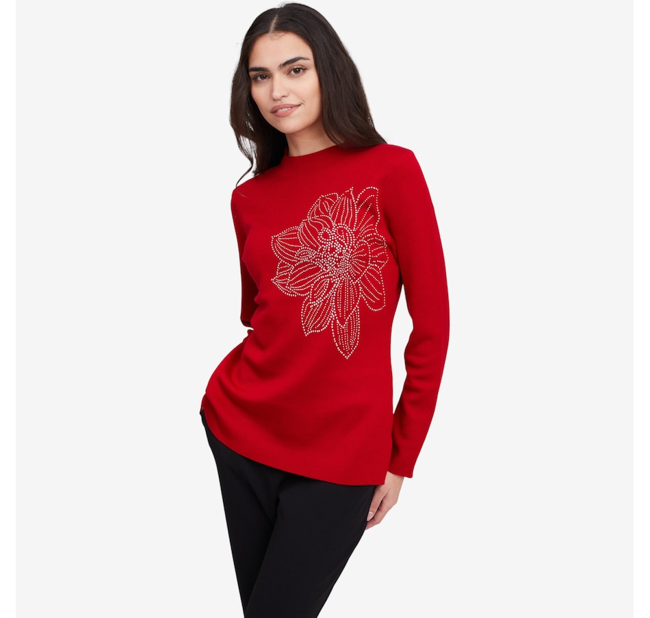 Image 102138_NNARD.jpg, Product 102-138 / Price $59.99, Nina Leonard Mock Neck Sweater with Rhinestone Flower Detail from Nina Leonard on TSC.ca's Fashion department