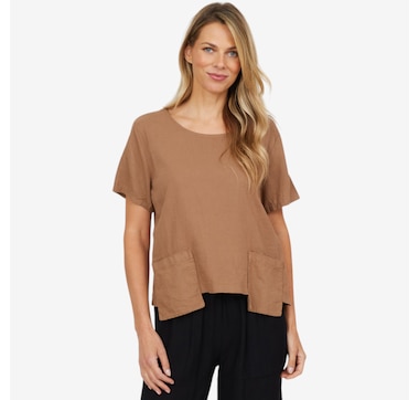 M Made In Italy Woven Short Sleeve Top with Patch Pockets