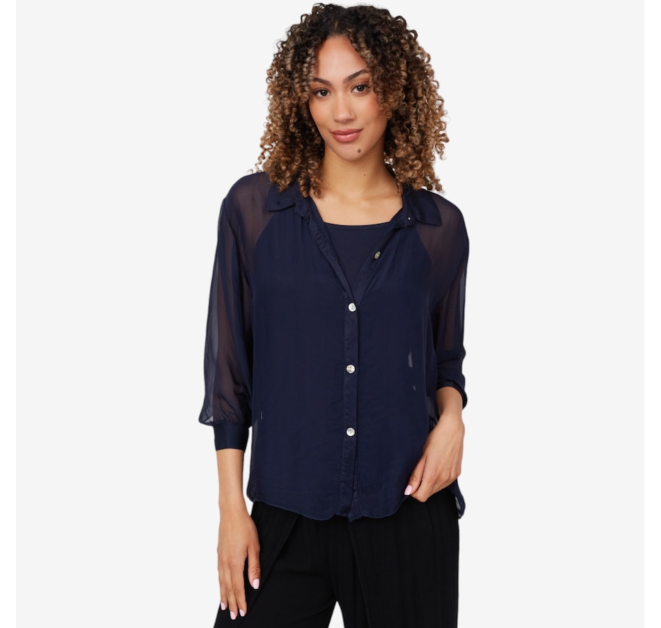Image 102372_NVY.jpg, Product 102-372 / Price $34.33, M Made In Italy Sheer Button Down Shirt with Removable Under Cami from M Made in Italy on TSC.ca's Fashion department