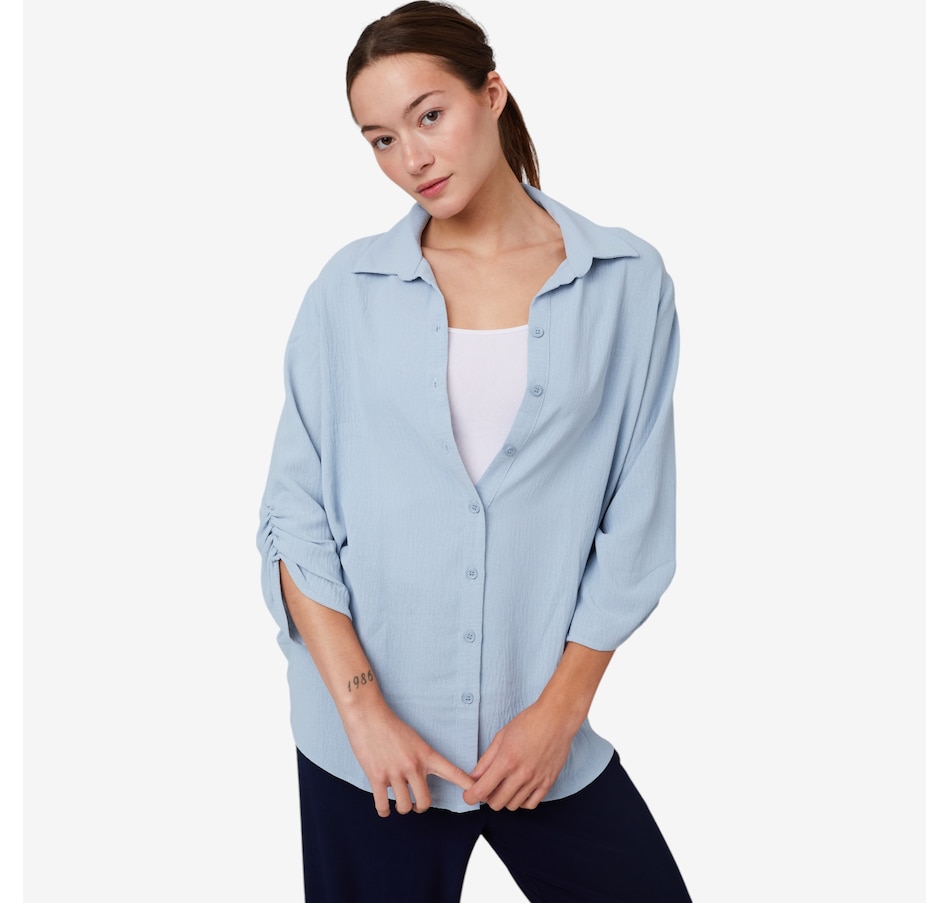 Image 102574_DKB.jpg, Product 102-574 / Price $39.88, Kim & Co. Crinkle Poplin 3/4 Ruched Sleeve Emma Shirt from Kim & Co. on TSC.ca's Fashion department