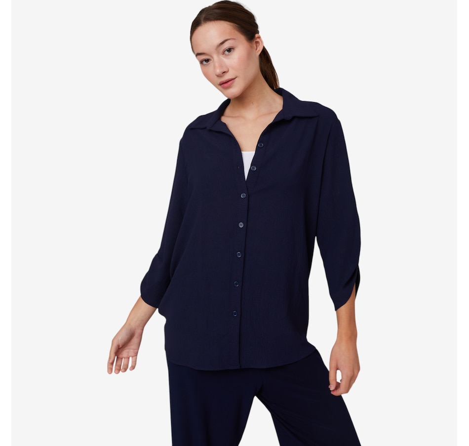 Image 102574_NVY.jpg, Product 102-574 / Price $39.88, Kim & Co. Crinkle Poplin 3/4 Ruched Sleeve Emma Shirt from Kim & Co. on TSC.ca's Fashion department