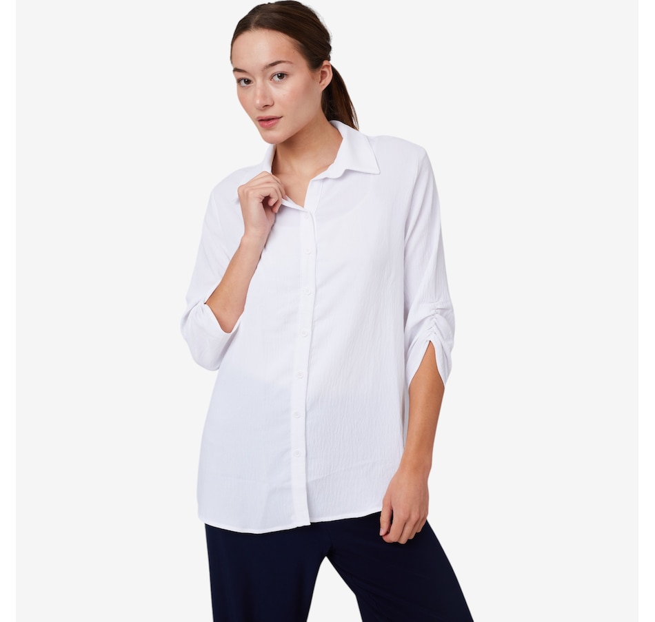 Image 102574_OWH.jpg, Product 102-574 / Price $39.88, Kim & Co. Crinkle Poplin 3/4 Ruched Sleeve Emma Shirt from Kim & Co. on TSC.ca's Fashion department