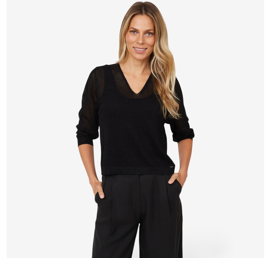 Image 102635_BLK.jpg, Product 102-635 / Price $39.33, Aggel Knitwear Lurex Long Sleeve V-Neck Pullover from Aggel on TSC.ca's Fashion department