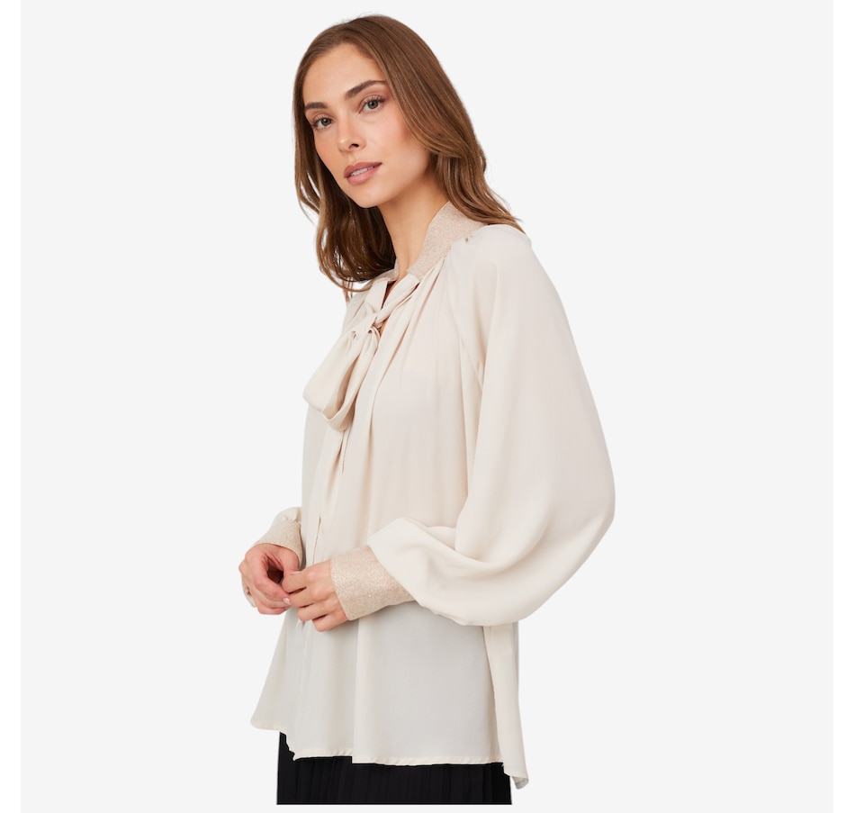 Image 102736_ALTMORE2.jpg, Product 102-736 / Price $159.99, Aggel Tie Neck Georgette Blouse with Knitted Details from Aggel on TSC.ca's Fashion department
