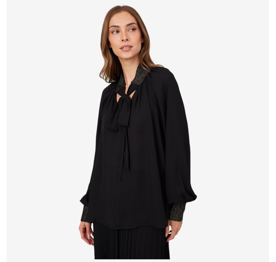 Image 102736_BLK.jpg, Product 102-736 / Price $159.99, Aggel Tie Neck Georgette Blouse with Knitted Details from Aggel on TSC.ca's Fashion department