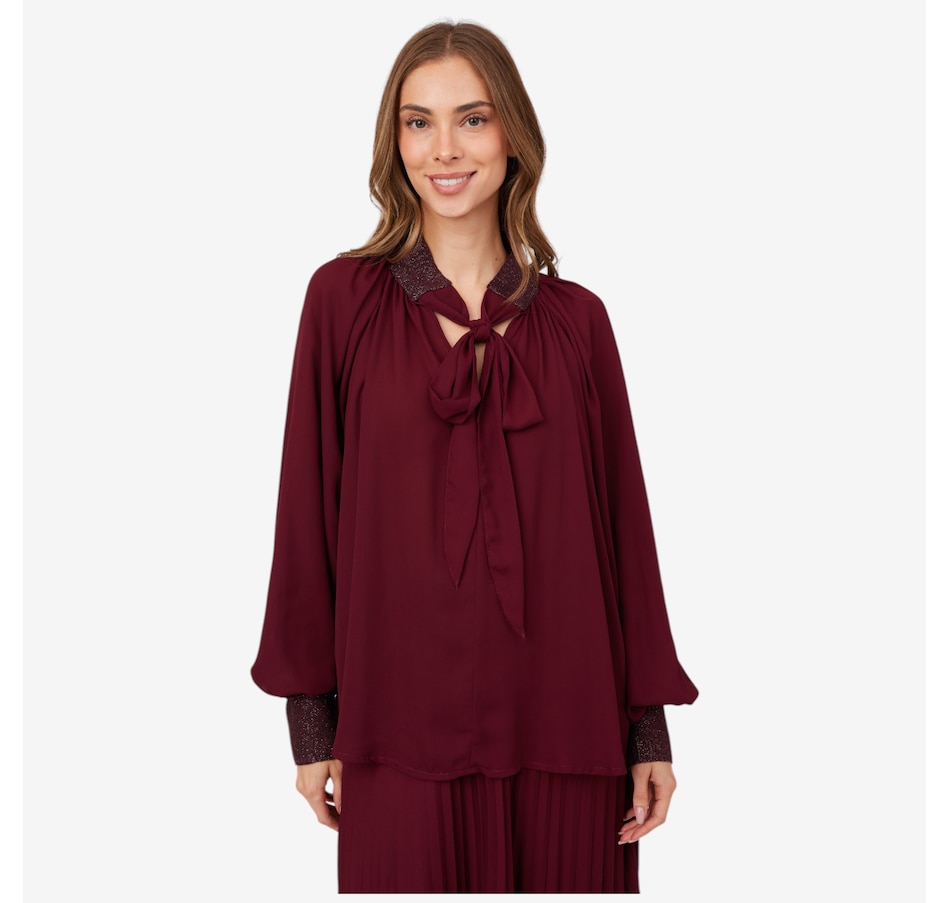 Image 102736_BORDX.jpg, Product 102-736 / Price $159.99, Aggel Tie Neck Georgette Blouse with Knitted Details from Aggel on TSC.ca's Fashion department