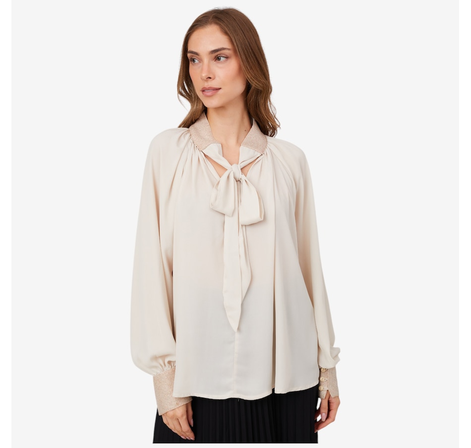 Image 102736_VAN.jpg, Product 102-736 / Price $159.99, Aggel Tie Neck Georgette Blouse with Knitted Details from Aggel on TSC.ca's Fashion department