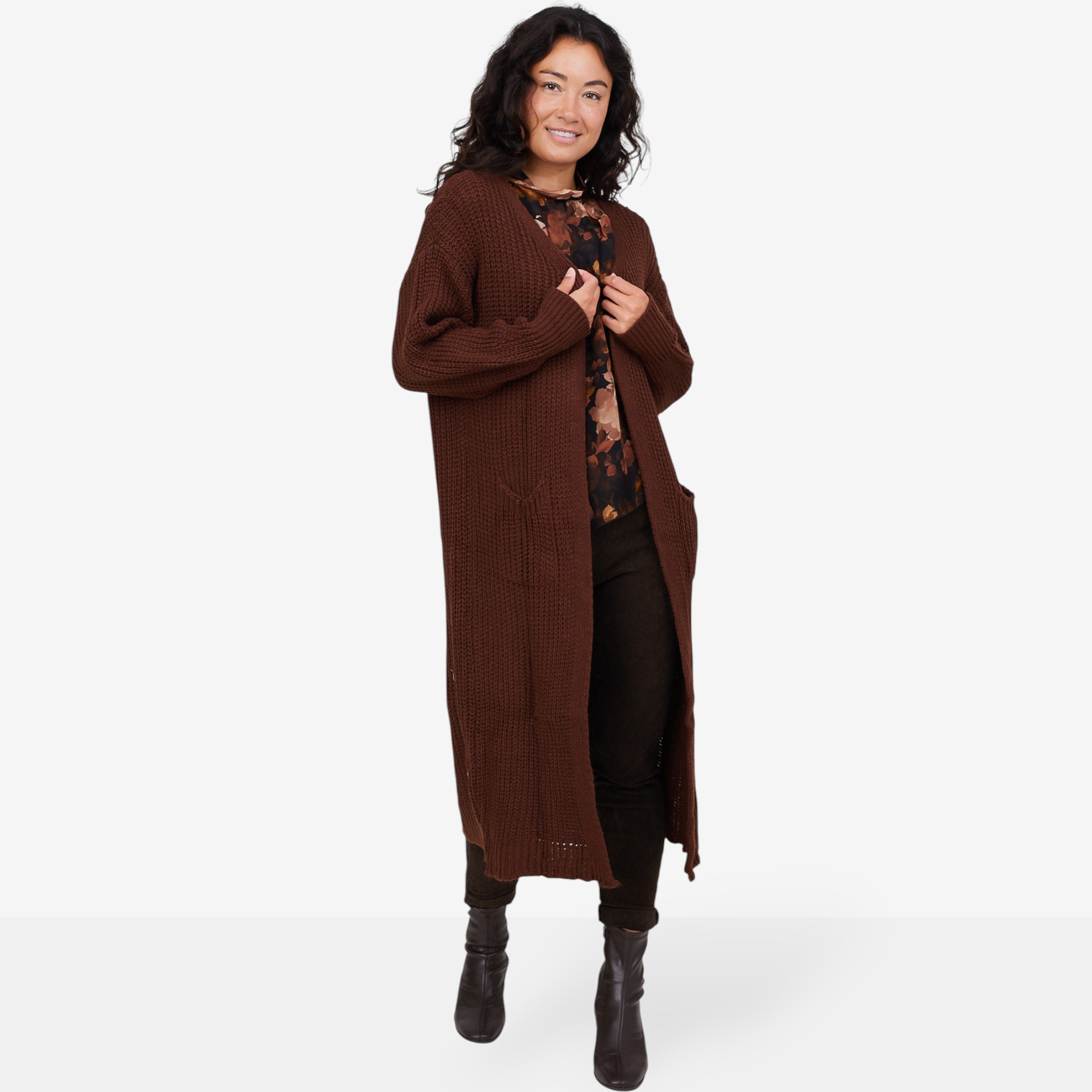 M Made In Italy Long Open Cardigan with Patch Pockets and Cable