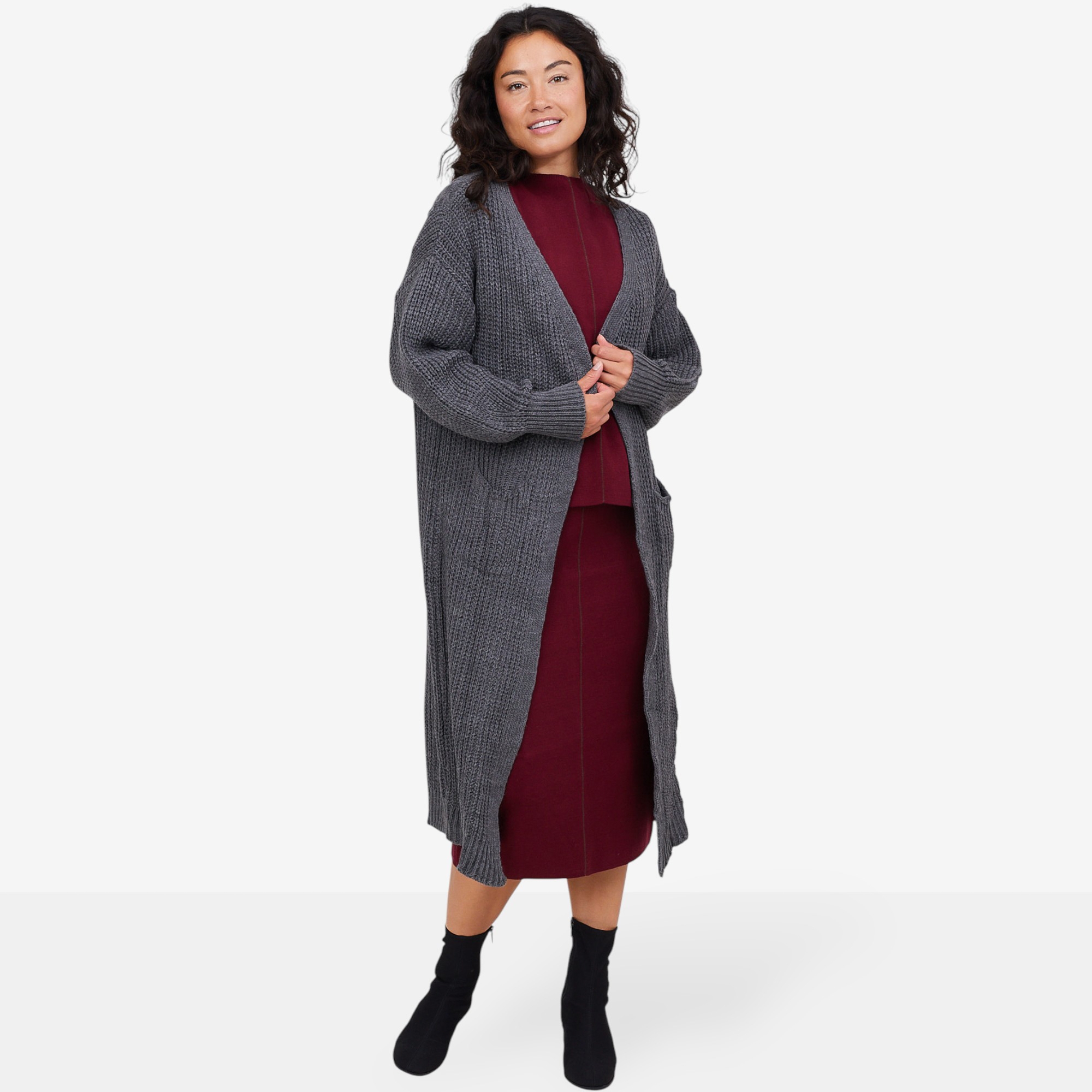 M Made In Italy Long Open Cardigan with Patch Pockets and Cable