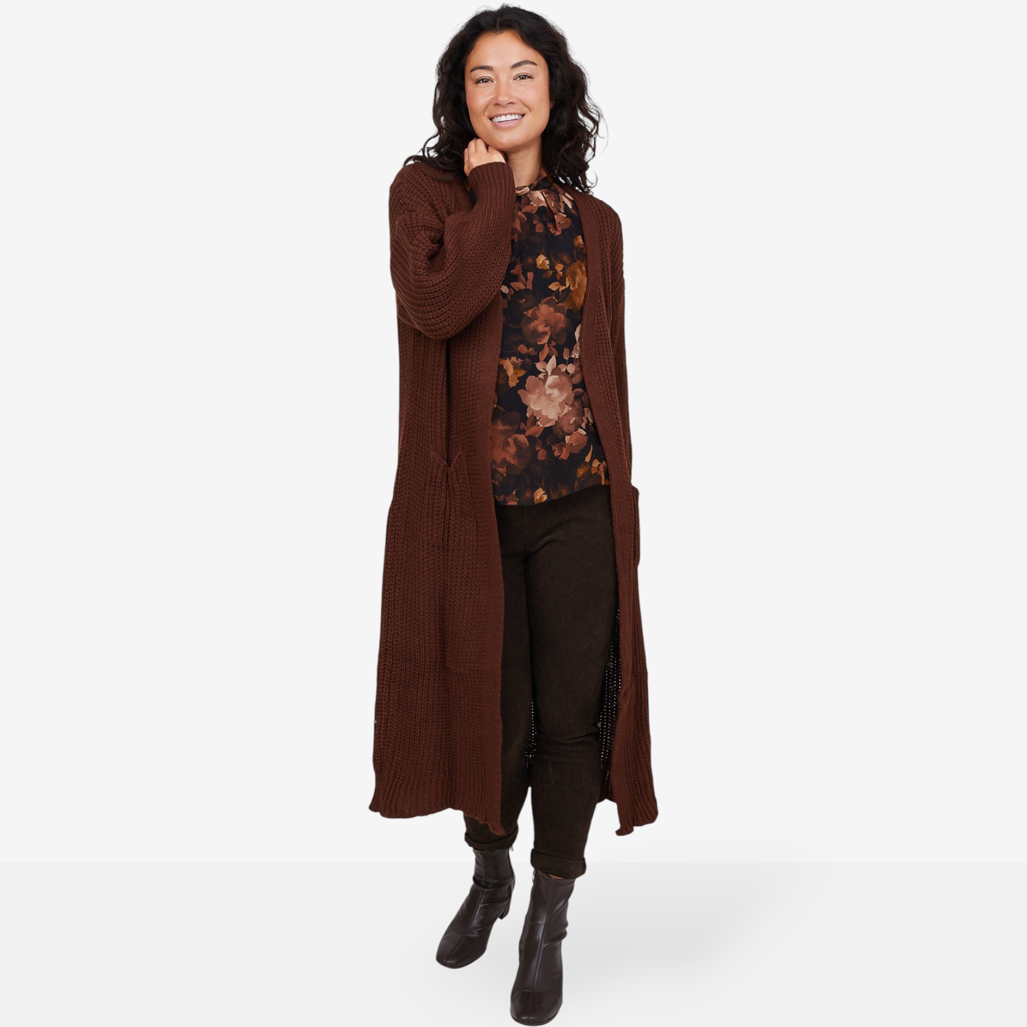M Made In Italy Long Open Cardigan with Patch Pockets and Cable