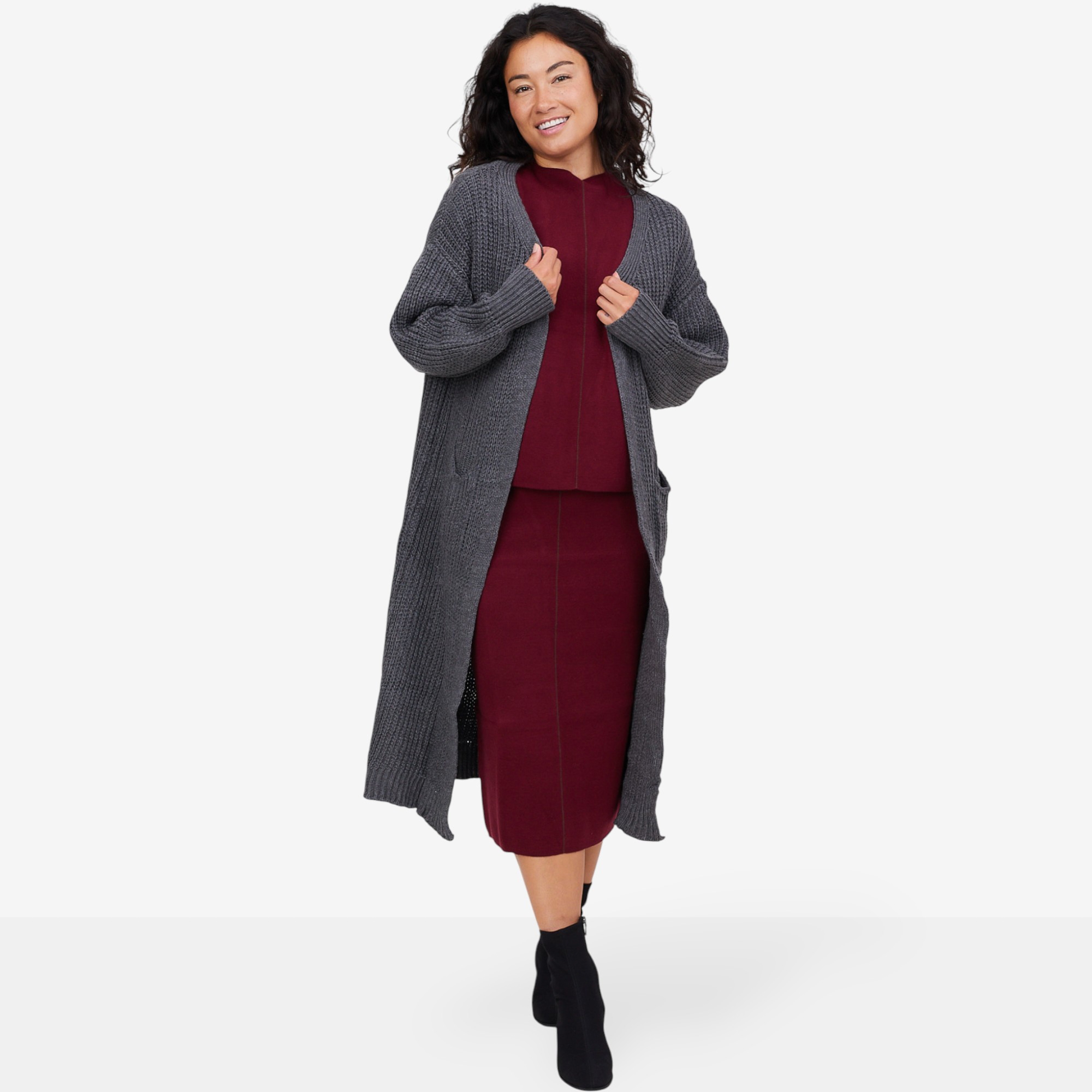 M Made In Italy Long Open Cardigan with Patch Pockets and Cable