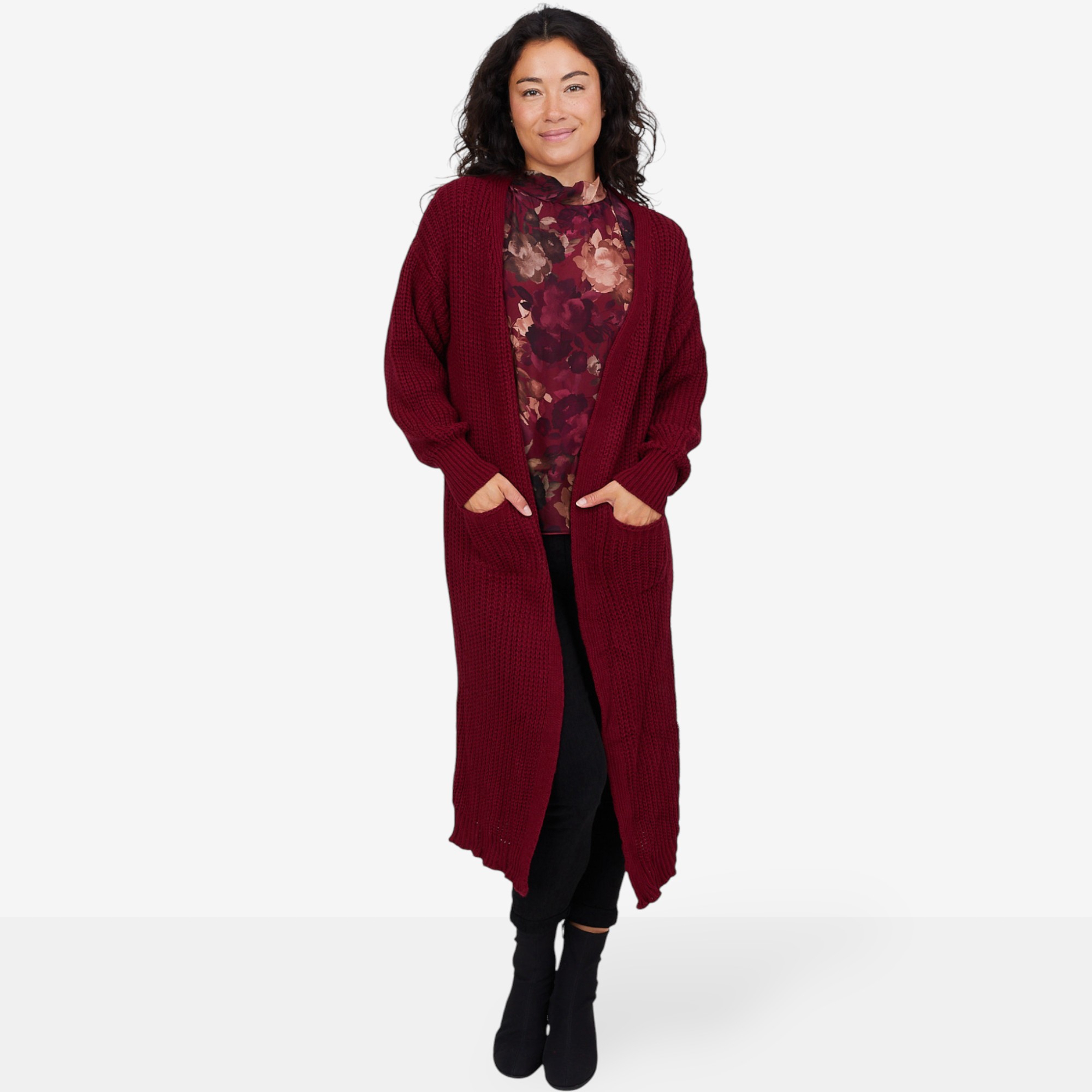M Made In Italy Long Open Cardigan with Patch Pockets and Cable