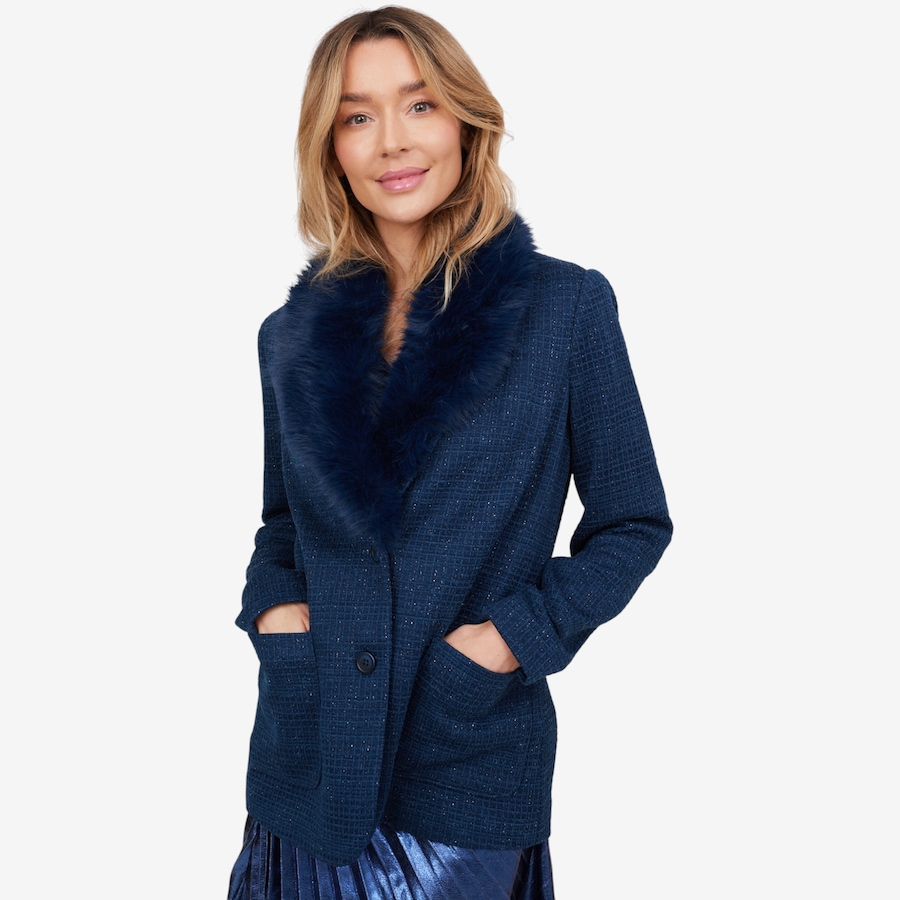 Image 103081_ABL.jpg, Product 103-081 / Price $89.33, Badgley Mischka Onyx Long Tweed Wrap Blazer with Detachable Fur Collar from Badgley Mischka on TSC.ca's Fashion department